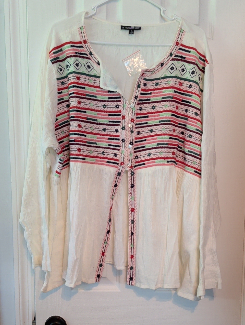 The Pyramid Collection White Blouse With Heavily Embroidered Colorful Yoke Sz 2X